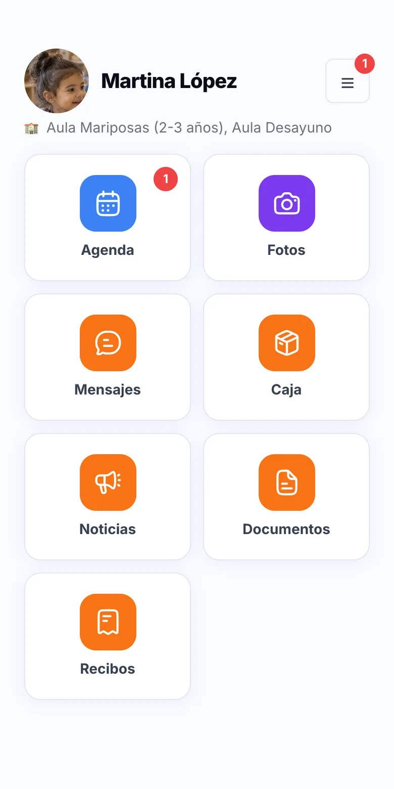 Menú de módulos que ve una familia en Soleado: Agenda, Fotos, Mensajes, Caja, Noticias, Documentos y Recibos